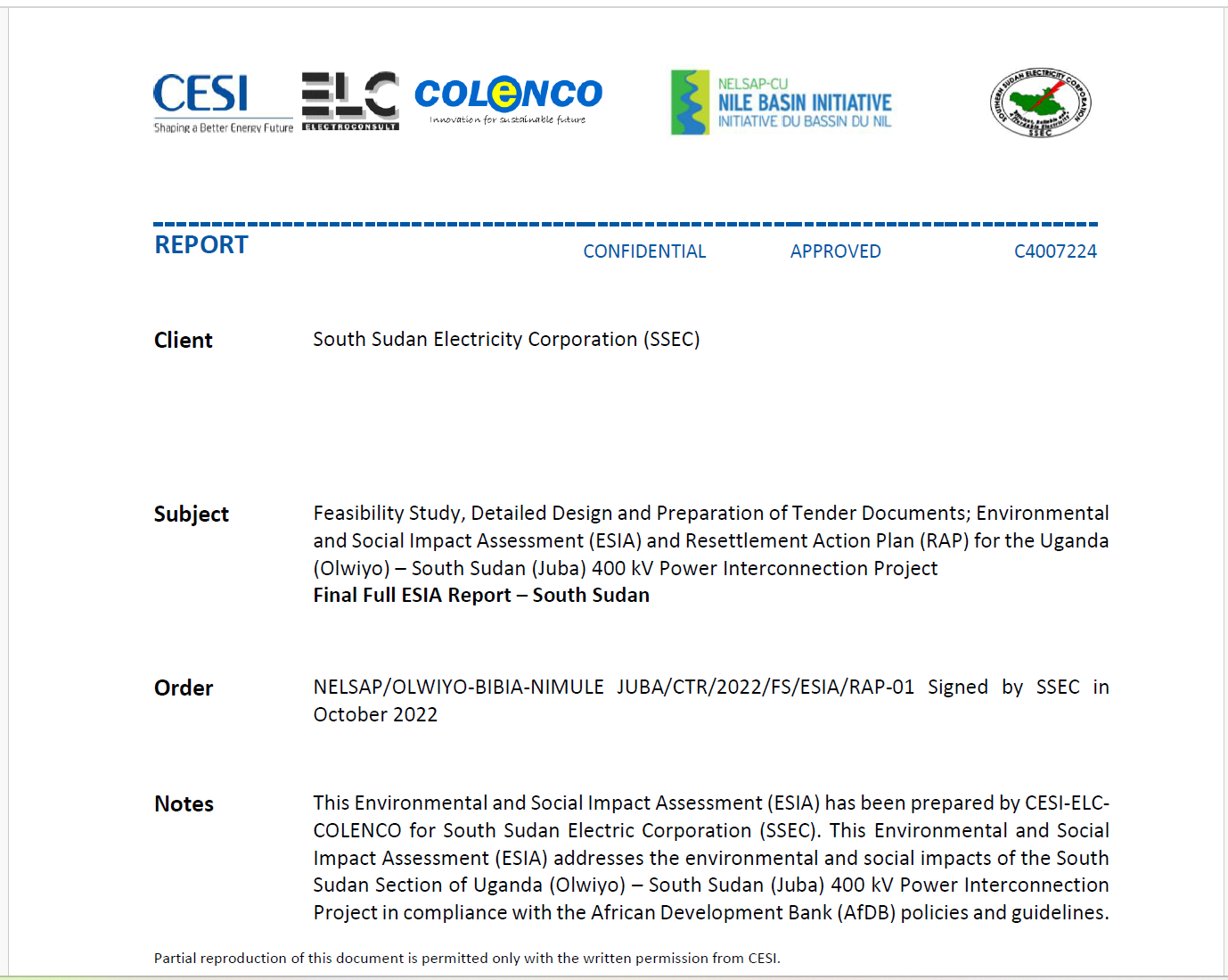 Cover ESIA Report Uganda South Sudan Power Interconnection